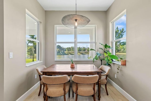 dining space featuring light wood-type flooring, a water view, and a healthy amount of sunlight