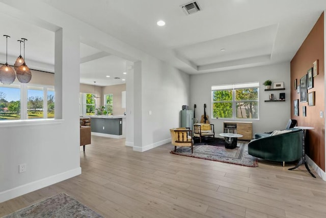 living area with light wood-type flooring and a tray ceiling