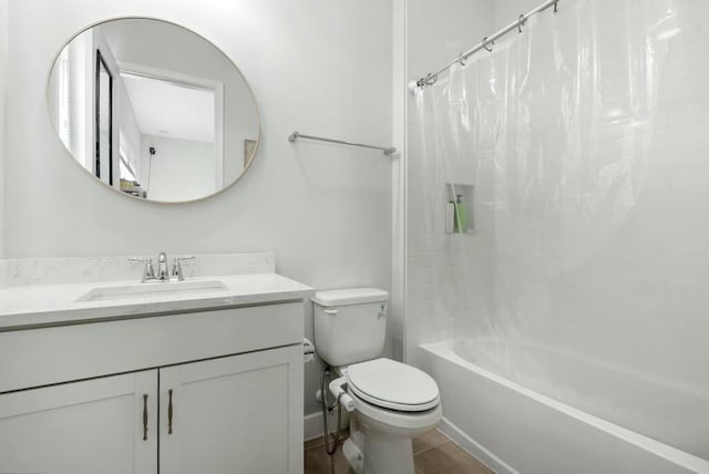 full bathroom featuring tile patterned floors, vanity, shower / bathtub combination with curtain, and toilet