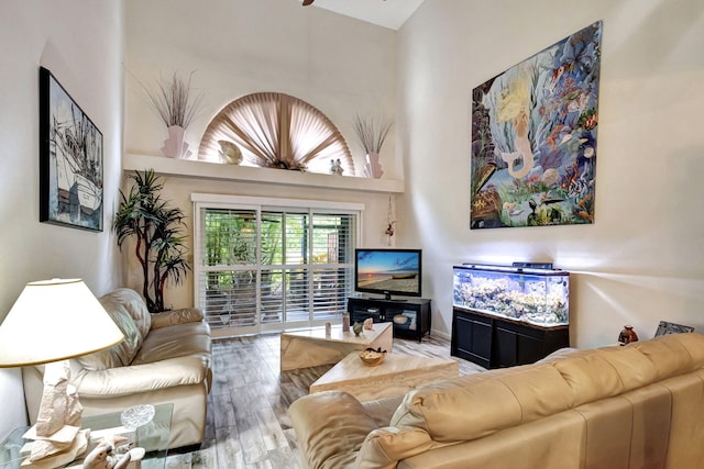 living room featuring a towering ceiling and wood-type flooring