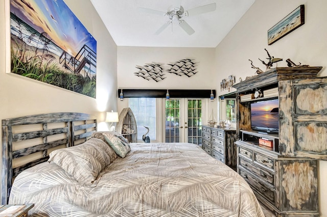 bedroom featuring access to outside, ceiling fan, french doors, and lofted ceiling