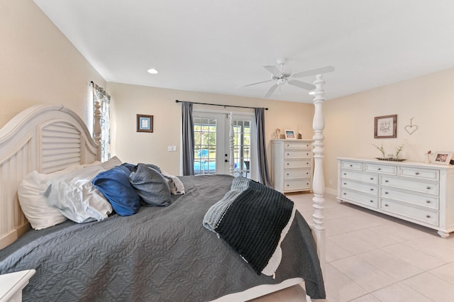 bedroom featuring access to exterior, ceiling fan, french doors, and light tile patterned floors