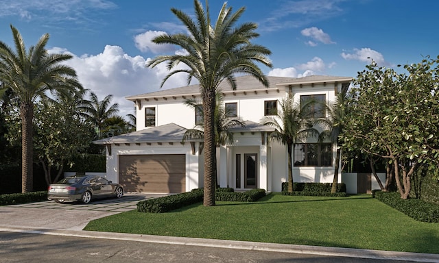 mediterranean / spanish-style house featuring a front yard and a garage