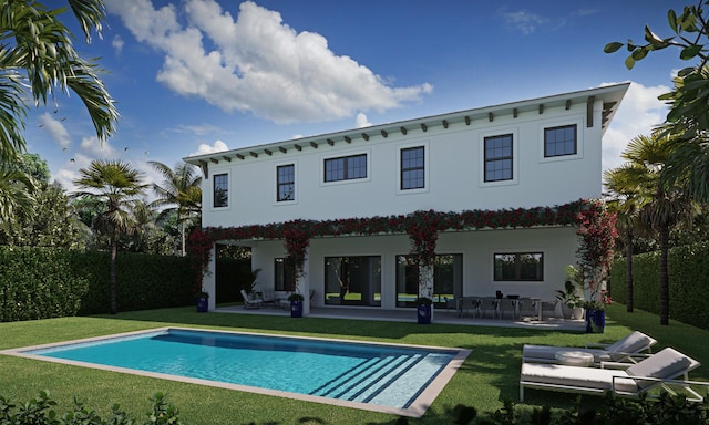 back of house with a yard, a fenced in pool, and a patio