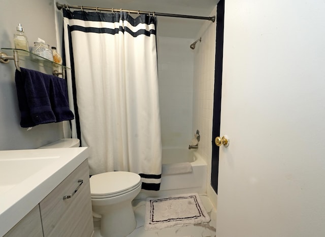 full bathroom with vanity, shower / bath combination with curtain, and toilet