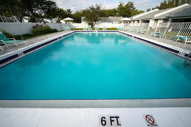 pool with a fenced backyard and a residential view