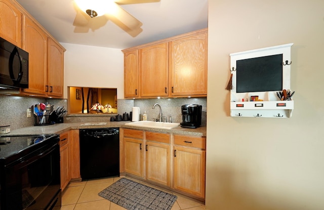 kitchen with tasteful backsplash, light tile patterned floors, black appliances, and sink