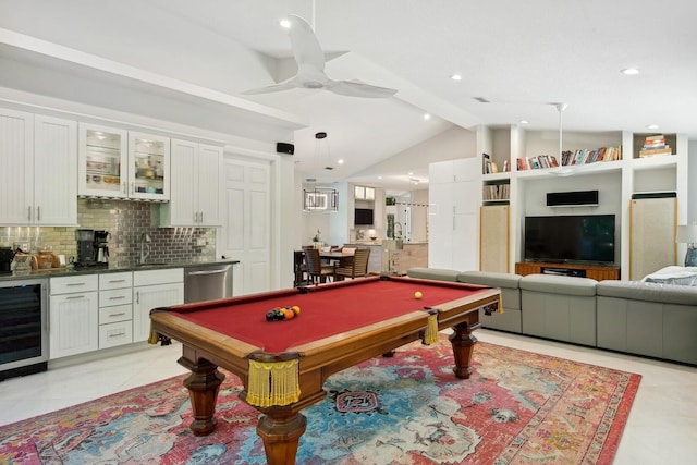 playroom featuring pool table, vaulted ceiling, sink, and wine cooler