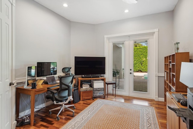 office space featuring french doors and wood-type flooring