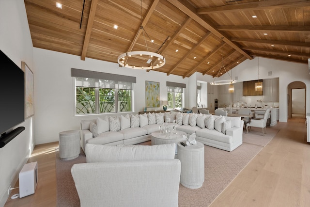 living room with beamed ceiling, wooden ceiling, high vaulted ceiling, and light hardwood / wood-style flooring