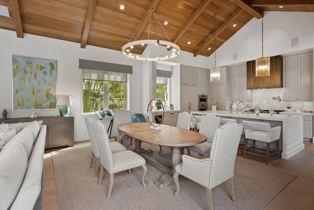 dining area featuring wooden ceiling, high vaulted ceiling, beam ceiling, wood-type flooring, and a chandelier