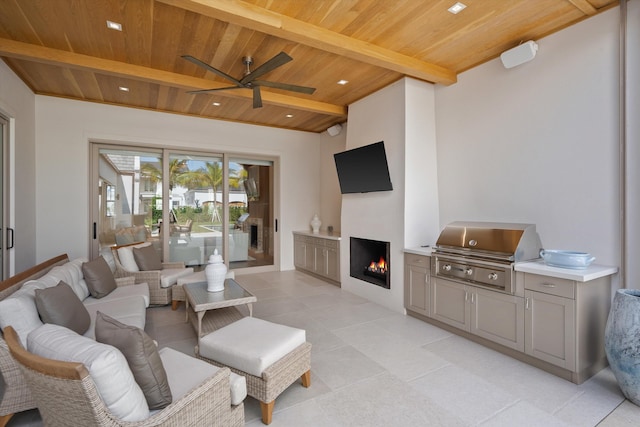 living room featuring ceiling fan, beamed ceiling, wooden ceiling, and light tile patterned floors