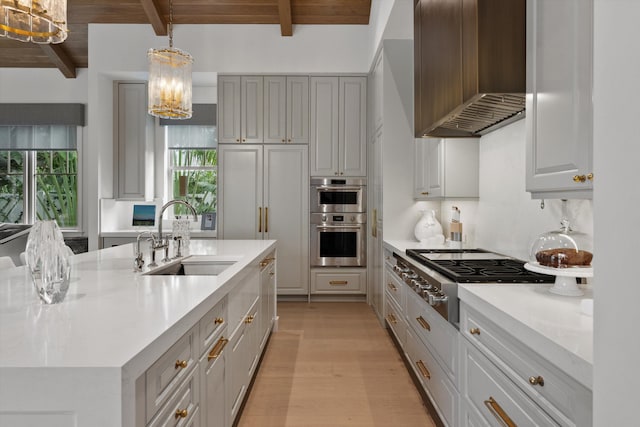 kitchen featuring beam ceiling, sink, wooden ceiling, and custom range hood