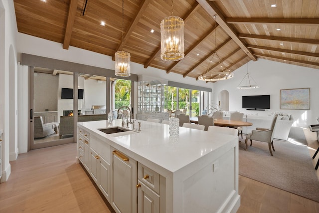 kitchen featuring wooden ceiling, decorative light fixtures, a spacious island, and sink