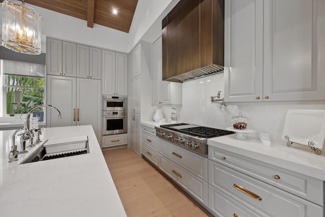 kitchen featuring sink, hanging light fixtures, wooden ceiling, premium range hood, and appliances with stainless steel finishes