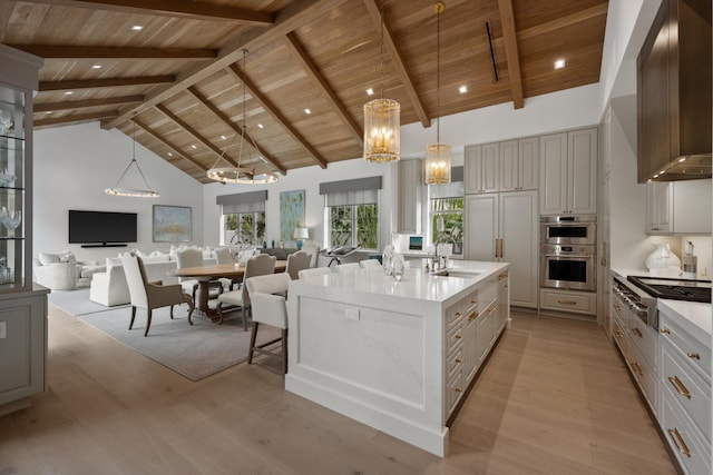 kitchen with appliances with stainless steel finishes, pendant lighting, a center island with sink, high vaulted ceiling, and wooden ceiling