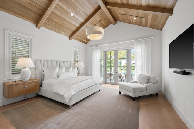 bedroom featuring access to exterior, french doors, beamed ceiling, hardwood / wood-style floors, and wood ceiling