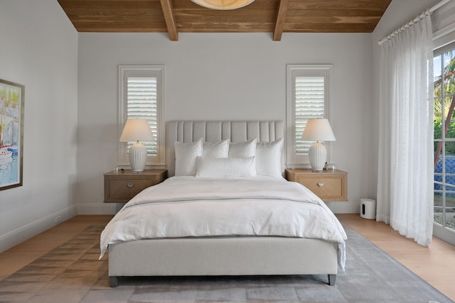 bedroom featuring hardwood / wood-style floors, vaulted ceiling with beams, wood ceiling, and multiple windows