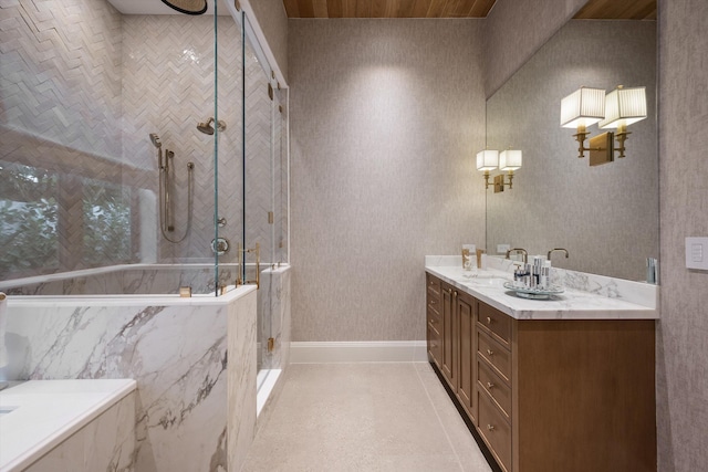 bathroom featuring a shower, vanity, and tile patterned floors