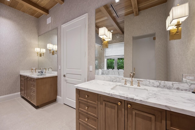 bathroom featuring vanity, beam ceiling, and wood ceiling