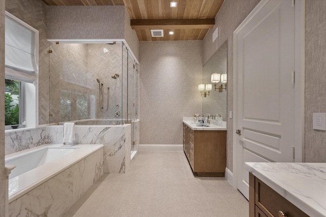 bathroom featuring beamed ceiling, vanity, separate shower and tub, and wooden ceiling