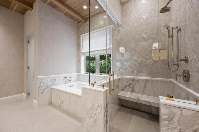 bathroom with separate shower and tub and wood ceiling