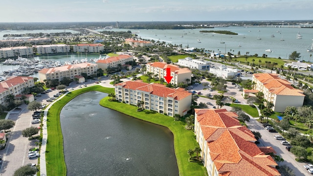 drone / aerial view featuring a water view