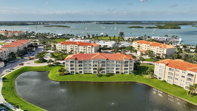 drone / aerial view featuring a water view