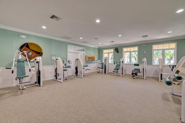 exercise room with ornamental molding, light colored carpet, and plenty of natural light