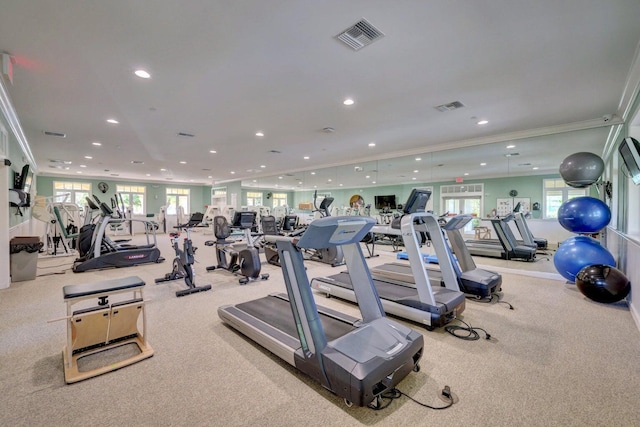 gym featuring carpet, crown molding, and plenty of natural light