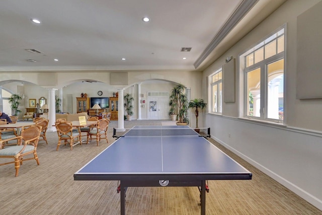 1 Harbour Isle Dr E Unit Ph2, Hutchinson Island, FL 34949 - game room featuring decorative columns, arched walkways, crown molding, carpet, and recessed lighting