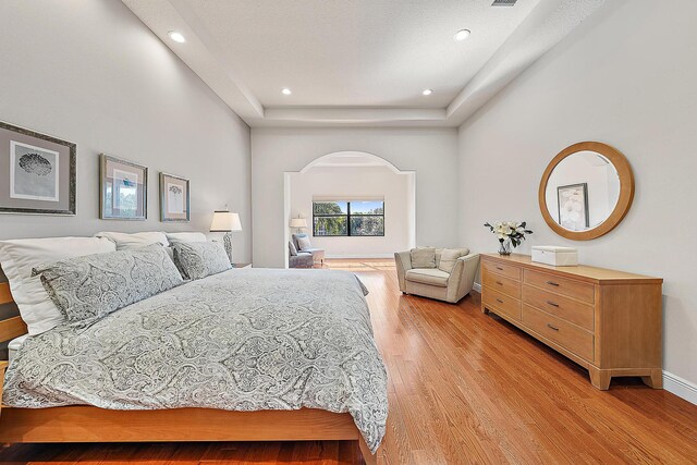 sitting room featuring a raised ceiling and light wood-type flooring