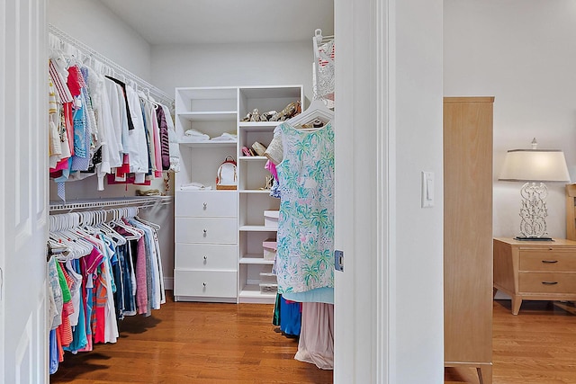 walk in closet with wood finished floors