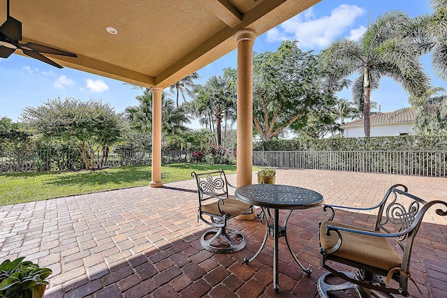 view of patio with a fenced backyard and ceiling fan