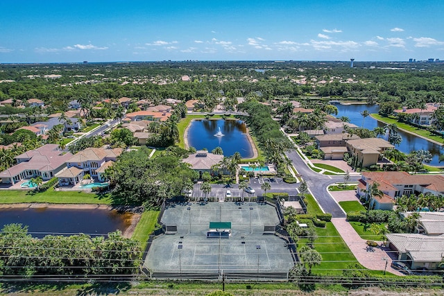 aerial view featuring a water view and a residential view