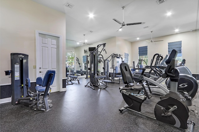 gym featuring recessed lighting, visible vents, and ceiling fan