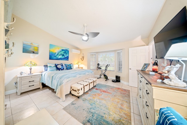 tiled bedroom featuring vaulted ceiling, ceiling fan, and a wall mounted air conditioner