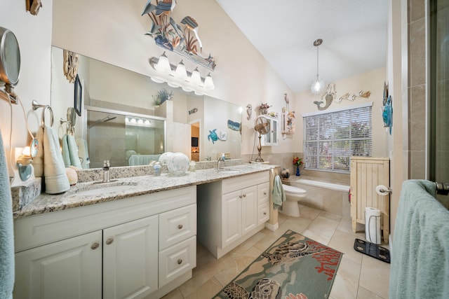 full bathroom featuring vanity, tile patterned flooring, toilet, and separate shower and tub