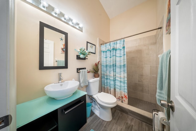 bathroom featuring toilet, a shower with shower curtain, and vanity