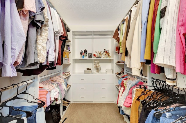 walk in closet featuring light colored carpet