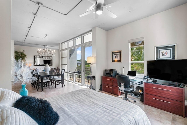 tiled bedroom featuring an inviting chandelier and multiple windows