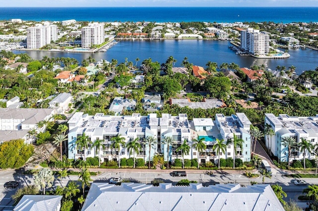 drone / aerial view with a water view