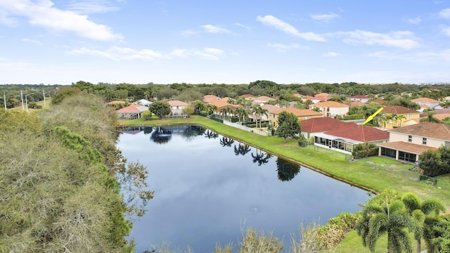 bird's eye view featuring a water view and a residential view