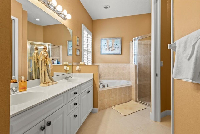 bathroom featuring vanity, tile patterned floors, and independent shower and bath