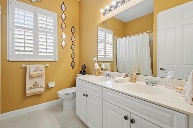 bathroom with tile patterned flooring, vanity, toilet, and walk in shower