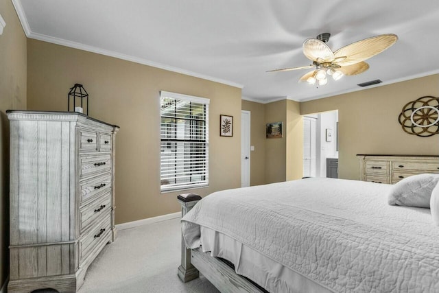 carpeted bedroom featuring ceiling fan and ornamental molding