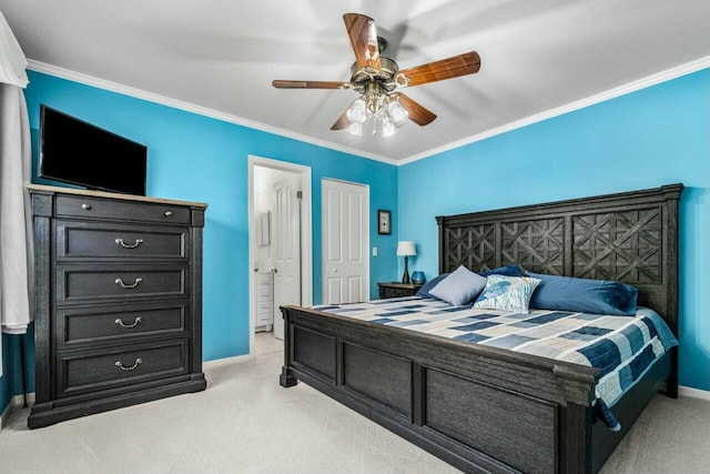 bedroom with light carpet, ceiling fan, and ornamental molding