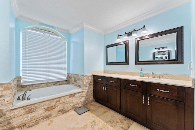 bathroom featuring vanity, a relaxing tiled tub, and ornamental molding