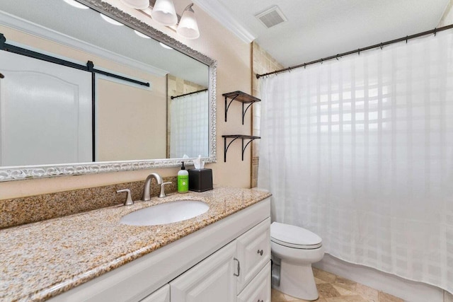 bathroom featuring vanity, curtained shower, toilet, and ornamental molding