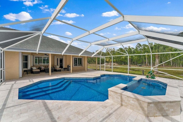 view of swimming pool featuring an outdoor living space, ceiling fan, a patio area, and glass enclosure